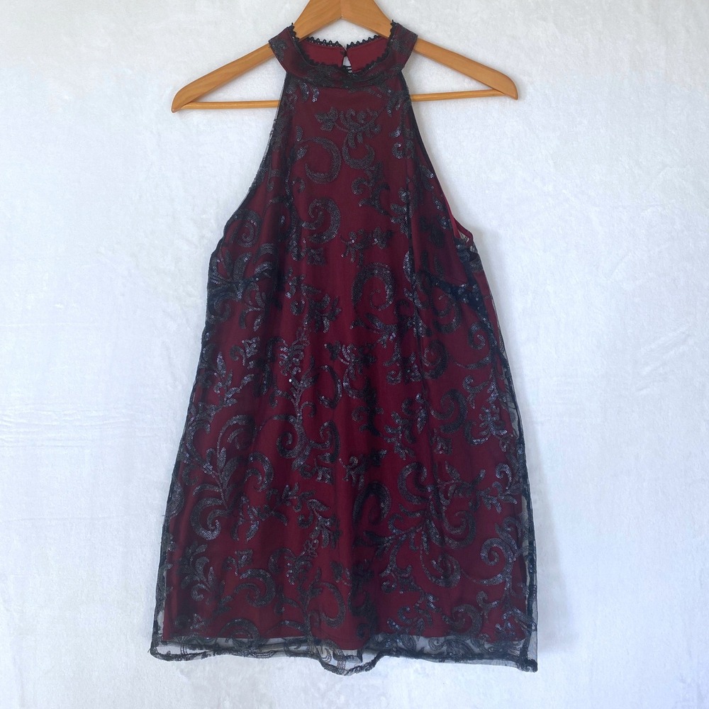 Altard State Burgundy Black Lace Sequin Whimsigoth Fairy Halter Party Dress S